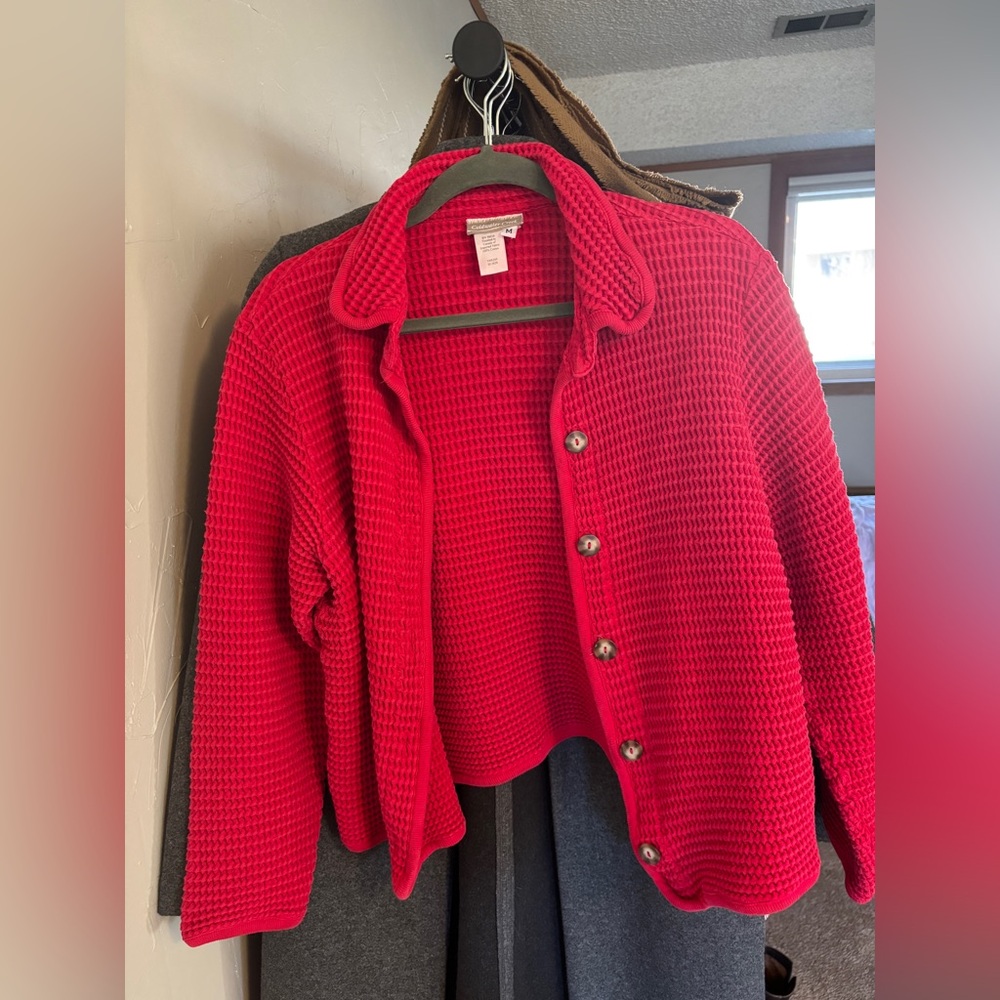 Coldwater Creek Solid Red Waffle Look Button Jacket